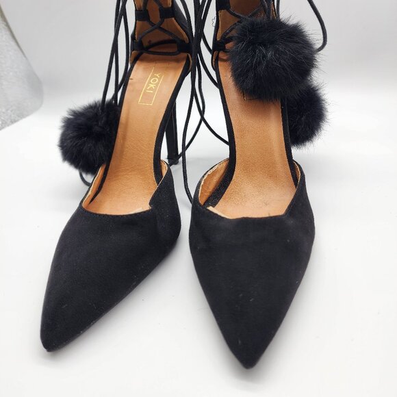 Yoki Elise  Women's Velvet Heels with Pom Poms Size 9.5 Black - Picture 3 of 14